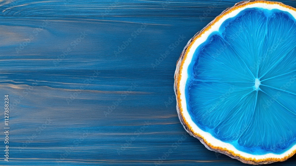 Poster vibrant blue agate slice with golden edges on a flowing textured background design
