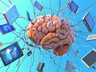Human brain interconnected with various electronics, symbolizing technology's influence.