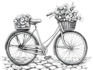 Flower-laden bicycle rests on cobblestones.
