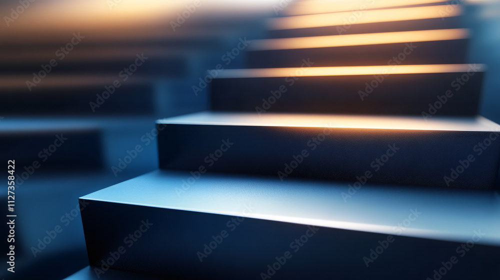 Poster symbolizing progress, growth, and the path to success: abstract metallic staircase climbing towards 