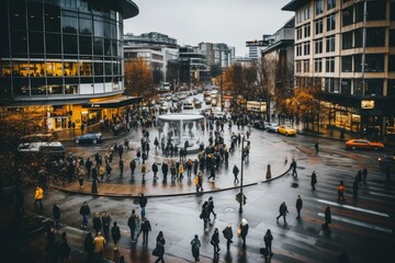 Aerial view of a crowded city intersection under cloudy skies highlighting overpopulation issues