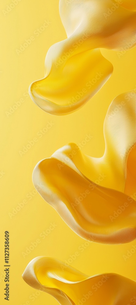 Poster three dynamic, smooth, yellow shapes gracefully flow and undulate against a vibrant yellow backdrop,