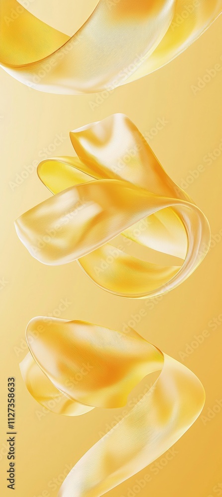 Poster three golden abstract shapes gracefully flowing and swirling against a soft gradient backdrop, creat