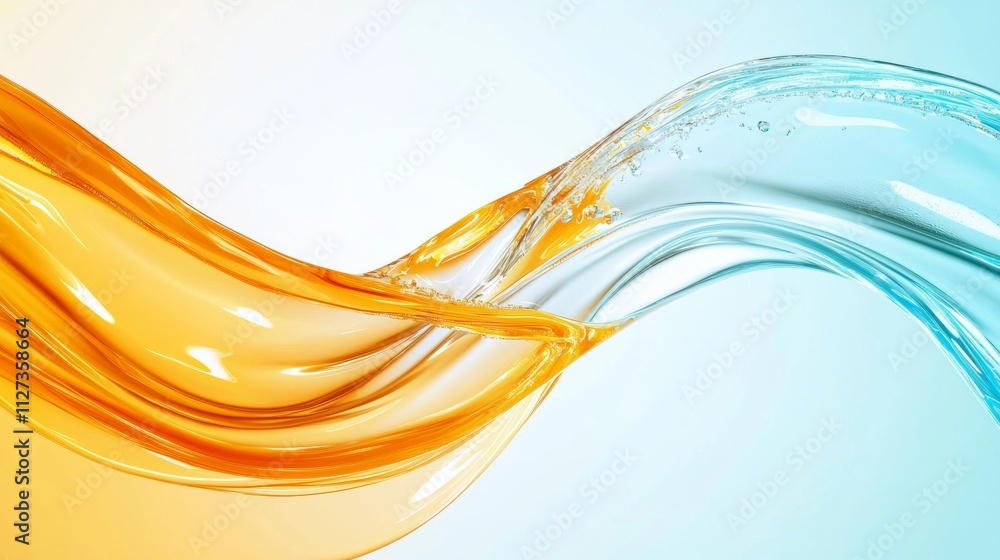 Poster two vibrant liquid waves, one orange and one blue, intertwine and flow across a gradient background,