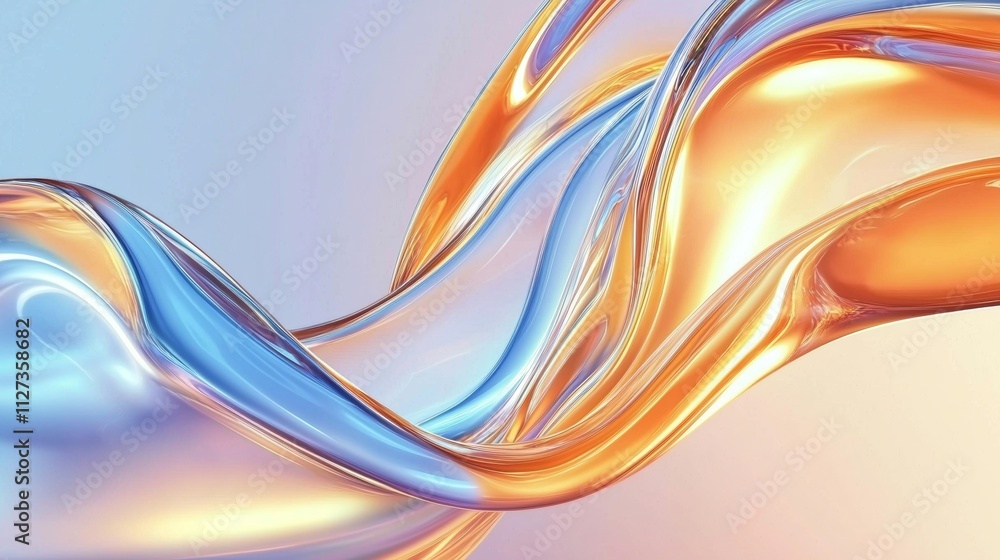 Poster smooth orange and blue liquid waves are swirling and reflecting light in a mesmerizing abstract comp