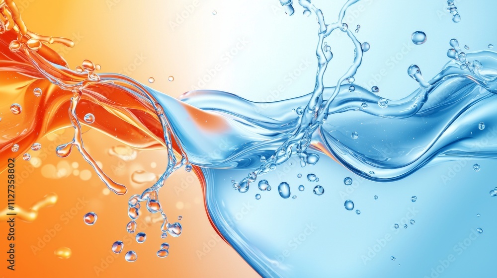 Poster two streams of water, one orange and one blue, are splashing and mixing together, creating a dynamic
