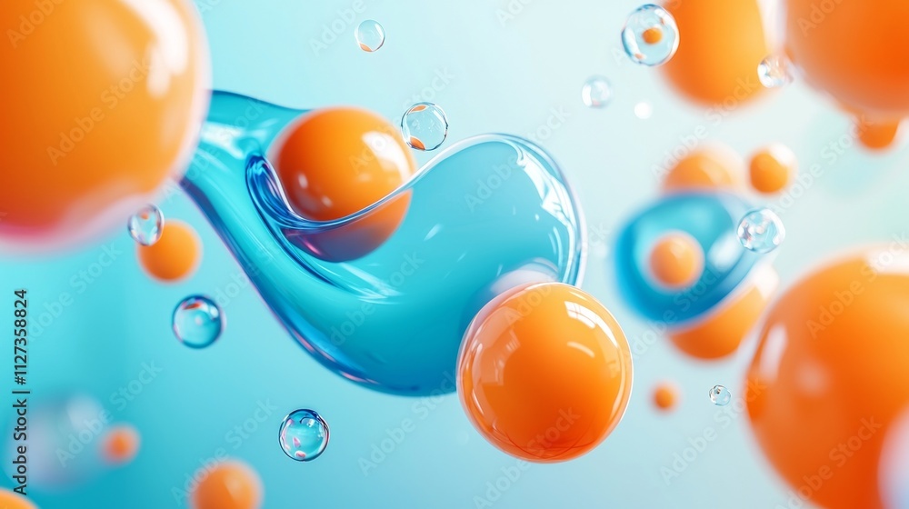 Poster captivating abstract 3d render featuring orange spheres floating in a dynamic, flowing transparent b
