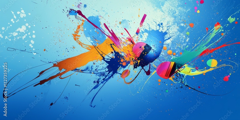 Poster dynamic splashes and splatters of vibrant paint in various colors create an energetic abstract desig