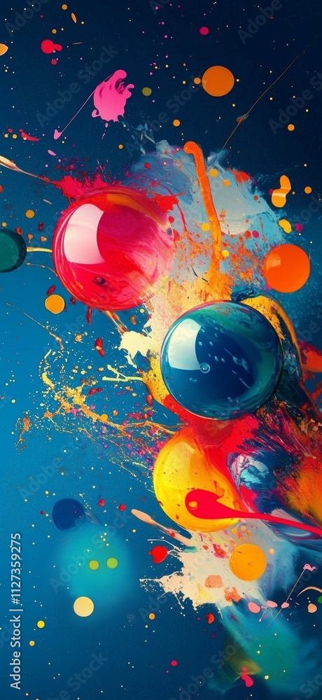 Poster colorful bubbles are exploding, creating a vivid splash of paint against a vibrant blue background, 
