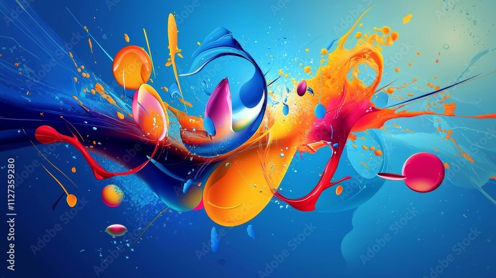 Poster vivid colors blend and explode in dynamic motion, forming an abstract composition against a vibrant 