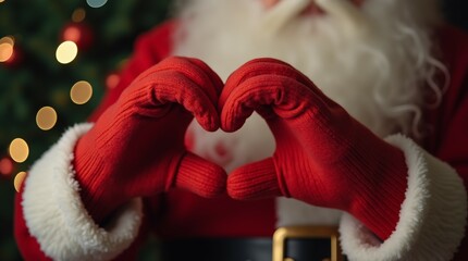 Santa Claus making a heart shape with his hands on Christmas, festive holiday cheer.