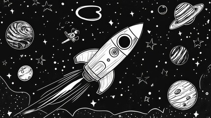 Rocket Launch in Space: Hand-drawn illustration of a rocket soaring through a cosmos filled with planets and stars.  A whimsical journey into the vast expanse of space. Coloring Page