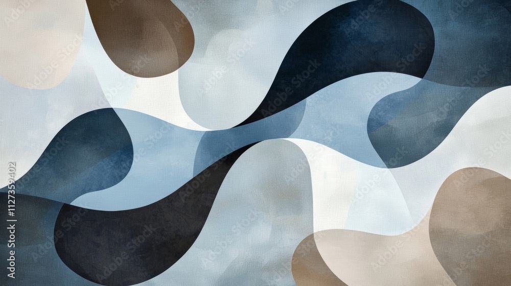 Poster modern abstract background featuring smooth, overlapping, wavy shapes in various shades of blue, bro