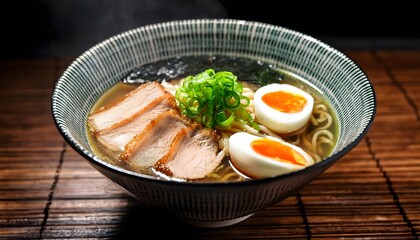 A steaming bowl of ramen with rich tonkotsu broth, tender pork slices, boiled egg, nori, and fresh green onions, served in a traditional bowl