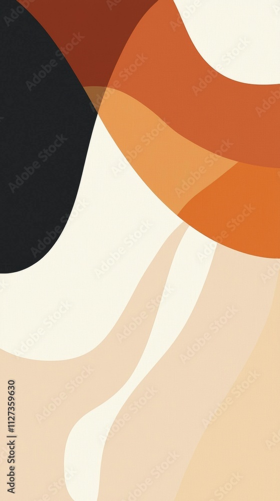 Poster modern abstract background featuring overlapping wavy shapes in a palette of warm, earthy tones, cre