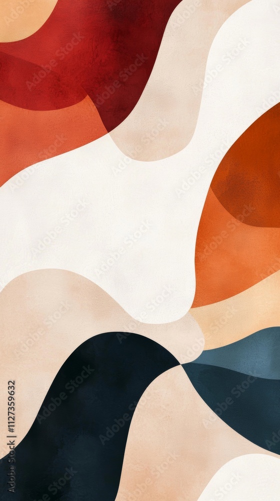 Poster modern abstract background featuring overlapping wavy shapes in a palette of warm earthy tones and c