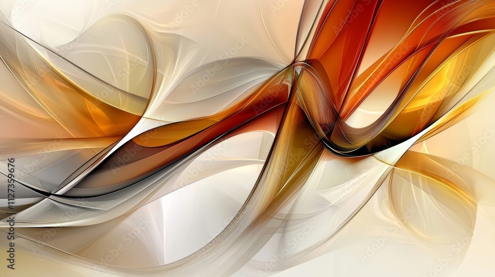 Poster Abstract digital art showcasing dynamic orange and brown waves. Creating a sense of fluidity and motion against a soft white backdrop. Ideal for projects related to energy. Technology. Or modern art