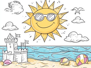 Sunny Beach Day Fun: Cartoon Sun with Sunglasses, Beach Castle and Toys.  Coloring Page