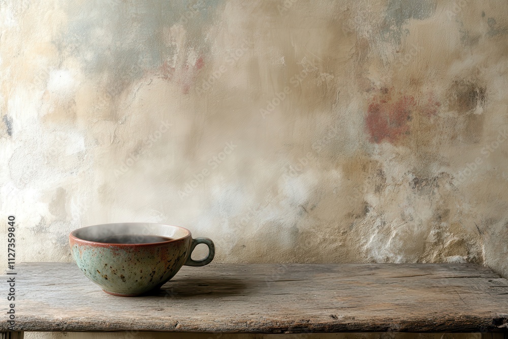 Poster steaming cup of black coffee on rustic wooden table with soft natural light highlighting steam in a 