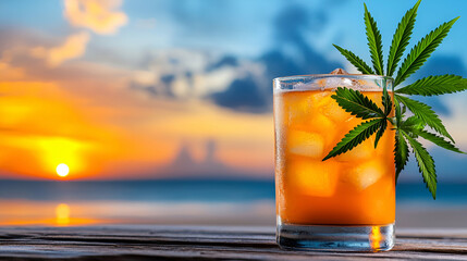 A refreshing cocktail garnished with a cannabis leaf, set against a vibrant sunset on a tranquil beach.