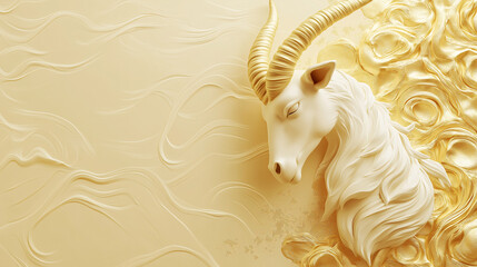 A gold and white goat head with a gold and white background