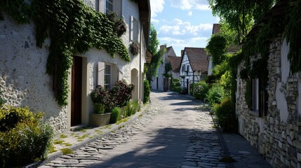 Fototapeta premium A narrow street with houses on either side and a few potted plants