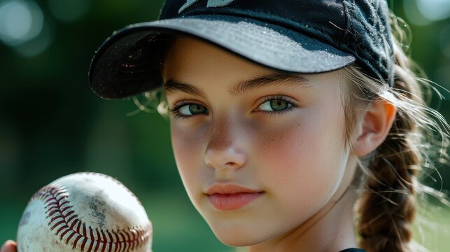 A young girl is holding a baseball and wearing a black hat