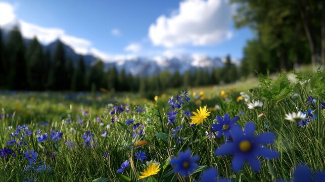 A field of wildflowers with a blue sky in the background