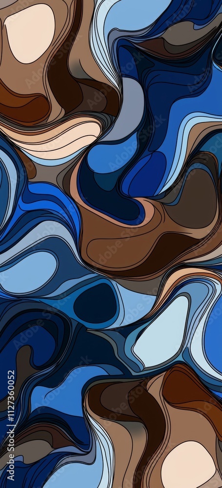 Poster smooth, curved lines in shades of blue and brown intertwine, creating a mesmerizing abstract pattern