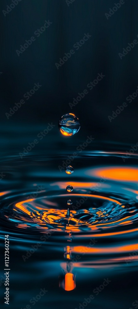 Poster water droplet falling into a tranquil pool, creating mesmerizing concentric ripples while reflecting