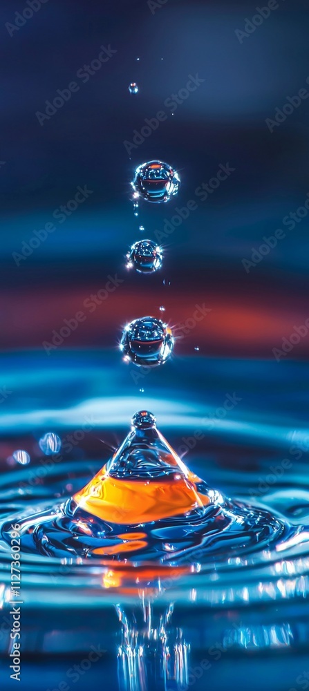 Poster multiple water droplets falling and merging, creating a conical splash and forming ripples on a liqu