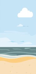 Minimalist vector illustration depicting a calm sea gently washing a sandy beach under a cloudy sky, creating a serene and peaceful atmosphere
