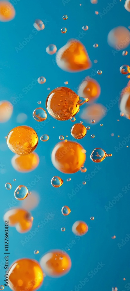 Poster orange and clear droplets of different sizes are floating on a bright blue background, creating an a
