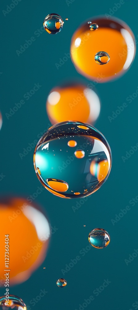 Poster multiple glossy bubbles of varying sizes, some orange and some clear, float against a teal backgroun