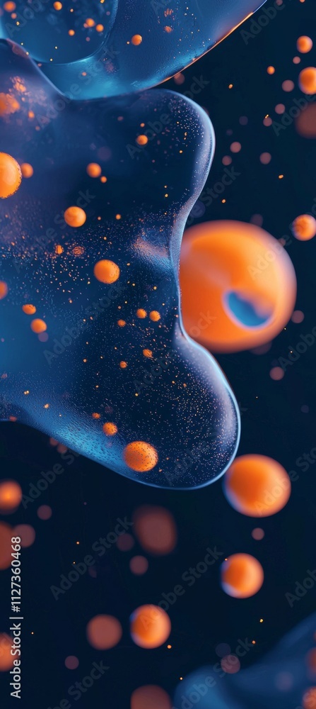 Poster orange spheres are suspended within a transparent, viscous fluid, forming dynamic and abstract shape