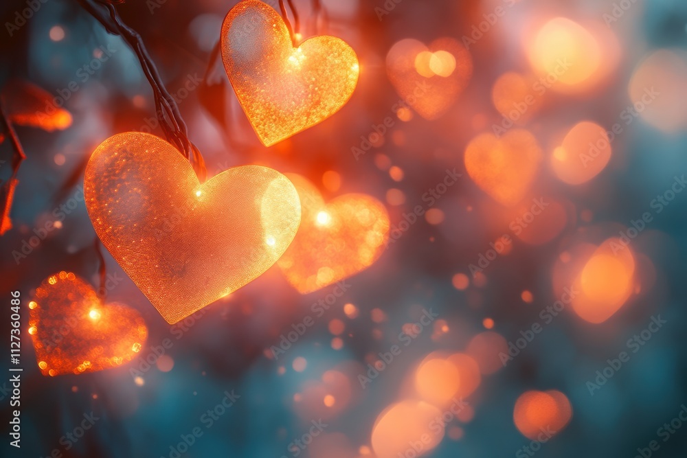 Poster soft blurred heart bokeh background, creating a dreamy and romantic effect for versatile use.