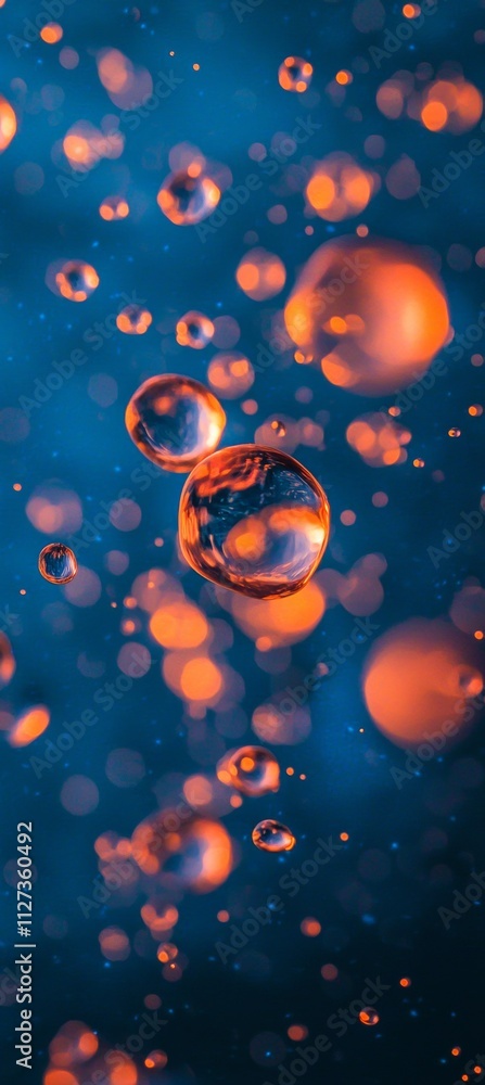 Poster blurred orange and blue bokeh lights are creating a dreamlike background for water droplets, showcas