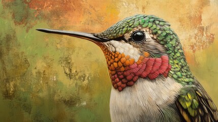 Close-up of a hummingbird's head and neck, showcasing vibrant green, red, and orange feathers against a textured background.
