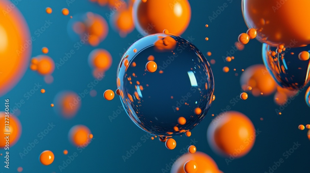 Poster abstract 3d render of orange and transparent spheres of different sizes floating in a dark blue envi