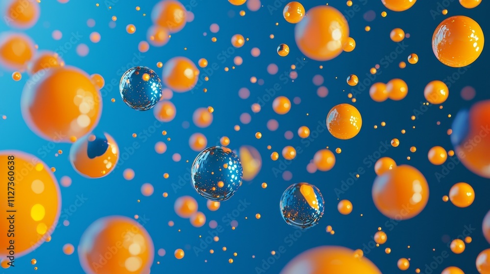Poster floating in an abstract blue space, vibrant orange and blue spheres of varying sizes create a dynami
