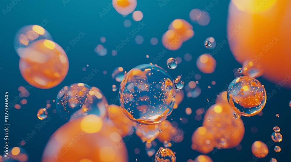 Poster transparent bubbles of different sizes are floating in the air, reflecting orange light from an unse