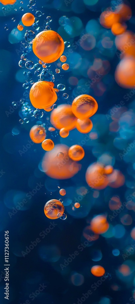Poster orange and blue bubbles of different sizes are floating against a blurred, bokeh background, creatin