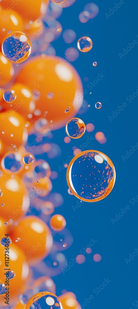 Poster orange and blue bubbles are floating in a vibrant and colorful abstract composition, creating a visu
