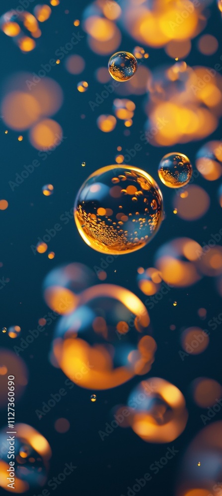 Poster golden bubbles of various sizes are floating on a dark blue background, creating an abstract pattern