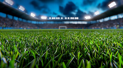 Vibrant green soccer field with stadium lights illuminating the scene under a dramatic sky during a night match.