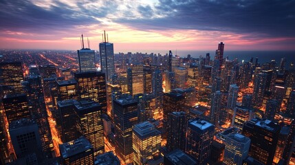 Fototapeta premium Cityscape at sunset, high angle view of skyscrapers and city lights.