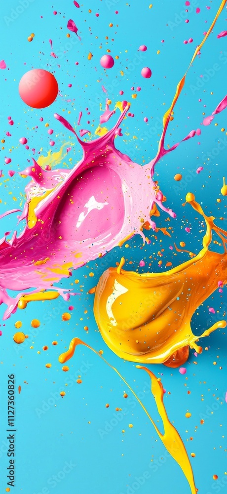 Poster pink and yellow paint is splashing on a light blue background, creating a vibrant and dynamic abstra