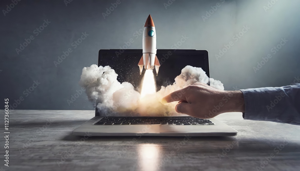 Poster launching space rocket from laptop screen a visual journey into the future of space exploration and 