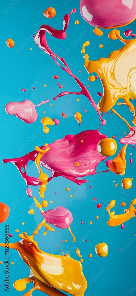 Poster pink, yellow and orange paint is splashing and splattering on a vibrant teal background, creating a 