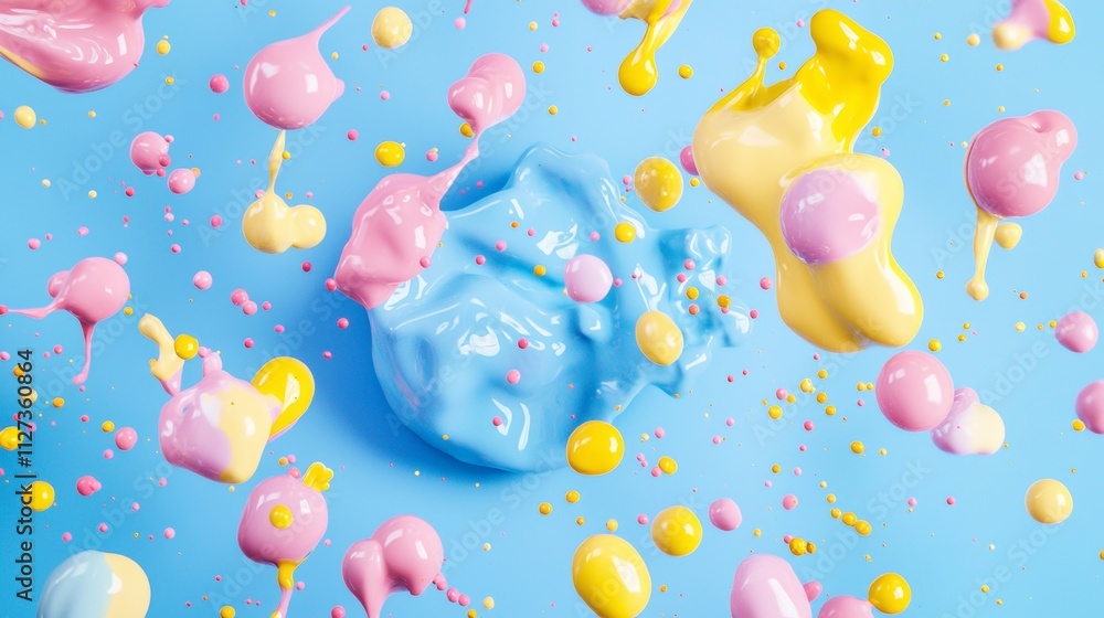 Poster pink, yellow and light blue paint splashing and creating abstract shapes and figures on a light blue